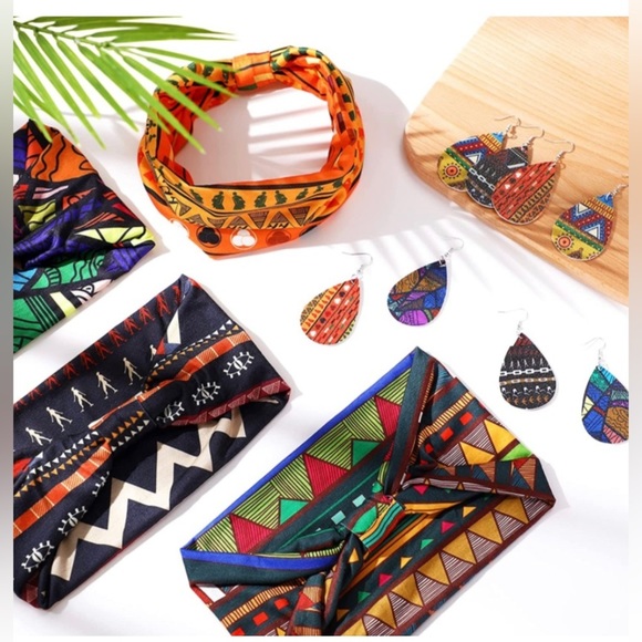 4 Pairs African Faux Leather Earrings and 4 Pieces African Headbands. main image 5